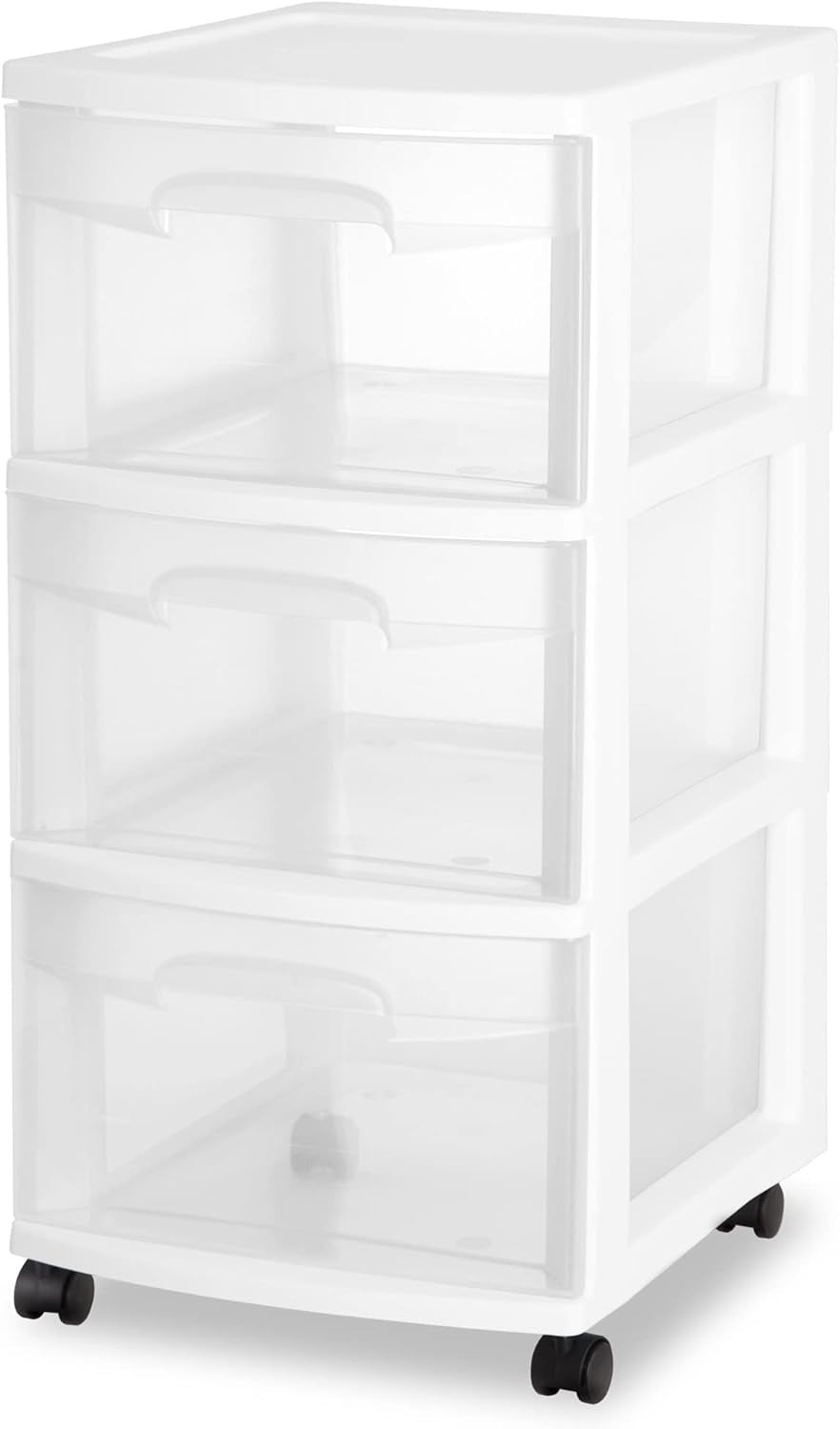 Medium Plastic Storage Drawer Cart with 3 Large Drawers and Removable Wheels - White Frame with Clear Drawers and Casters - CommunityRateLLC