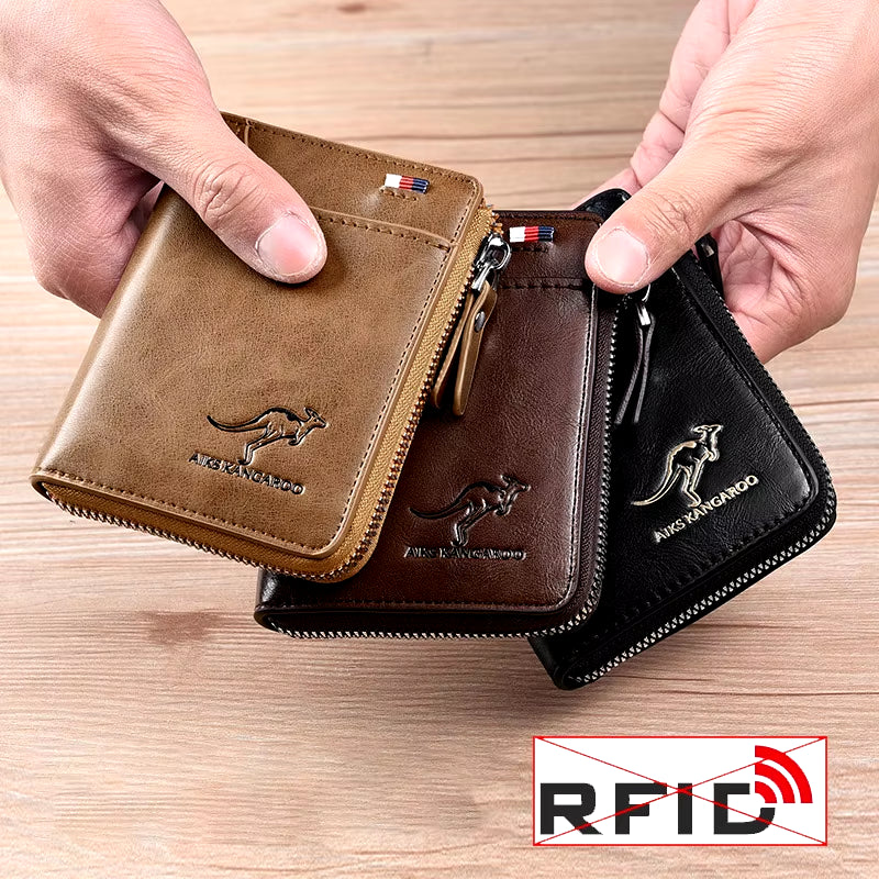 Men's Leather Wallet with RFID Protection - Luxury Business Card Holder and Zipper Purse