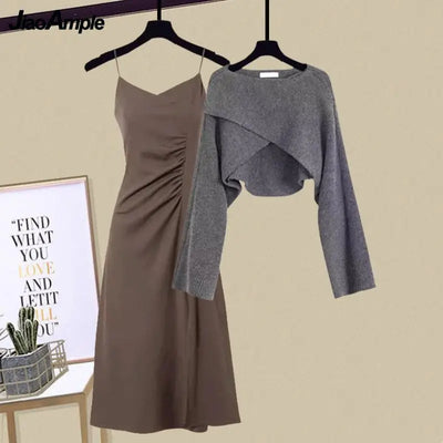 2025 Spring Autumn Women's Chic Irregular Knit Sweater and Sling Skirt Two-Piece Set - Elegant Korean Pullover Suit