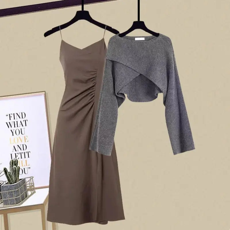 2025 Spring Autumn Women's Chic Irregular Knit Sweater and Sling Skirt Two-Piece Set - Elegant Korean Pullover Suit