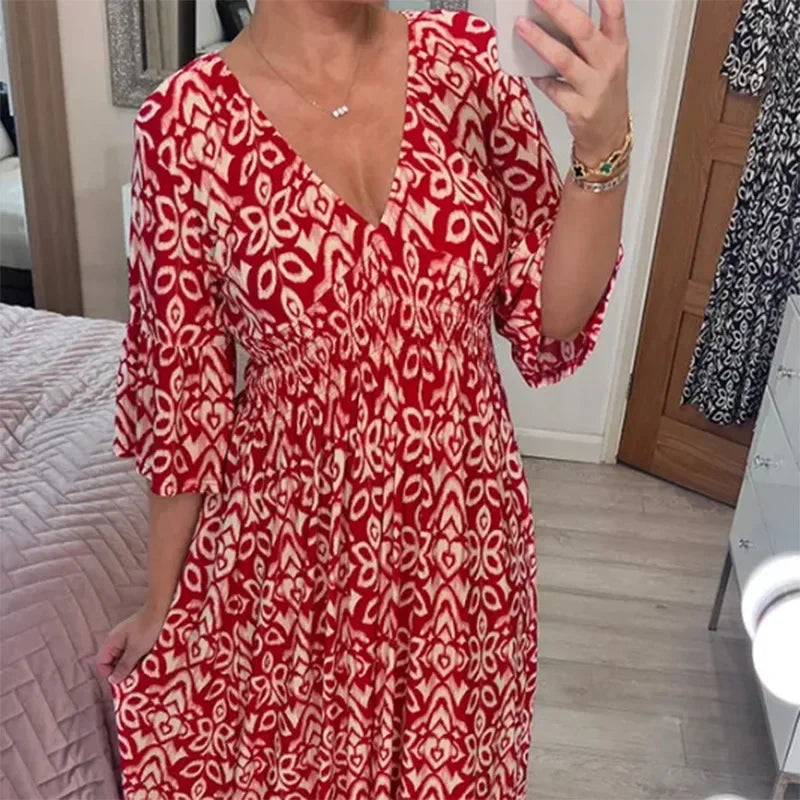 2024 Summer Bohemian V-Neck Floral Wrap Dress for Women - Elegant Loose Beachwear for Holidays