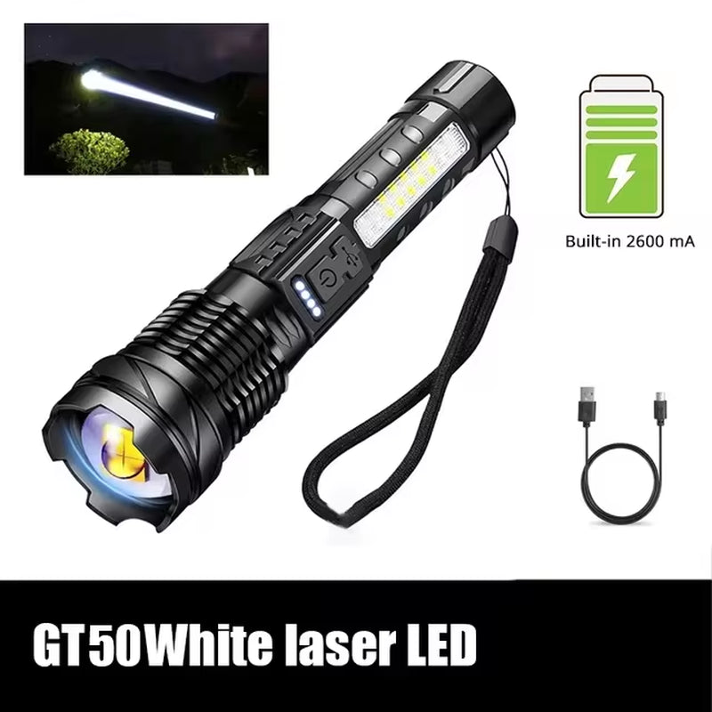 XHP50 Waterproof LED Flashlight with Side Light, 7 Modes, USB Rechargeable, Zoom Function - Ideal for Camping and Fishing