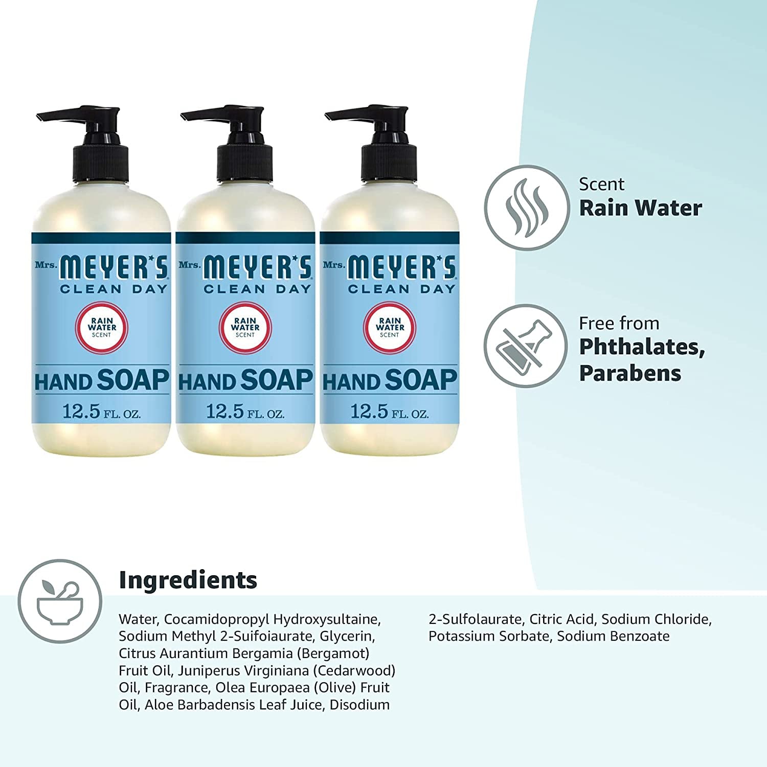 Mrs. Meyer's Clean Day Hand Soap with Essential Oils, Biodegradable Formula, Rain Water, 12.5 Fl. Oz - Set of 3