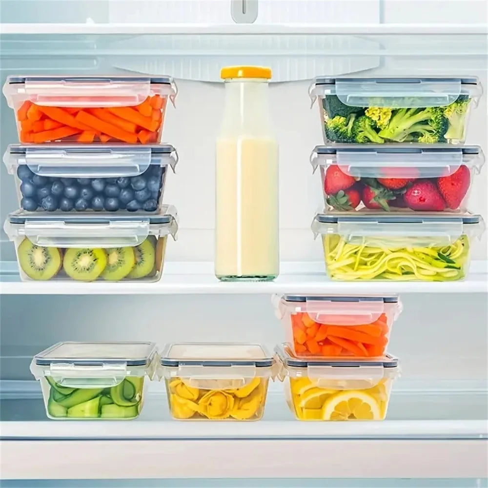 24pcs reusable plastic kitchen storage containers with flip lids, dishwasher safe, perfect for fruits, vegetables, and meat storage.