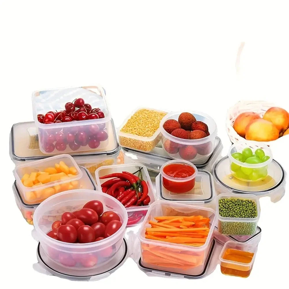 24pcs reusable plastic kitchen storage containers with flip lids, dishwasher safe, perfect for fruits, vegetables, and meat storage.