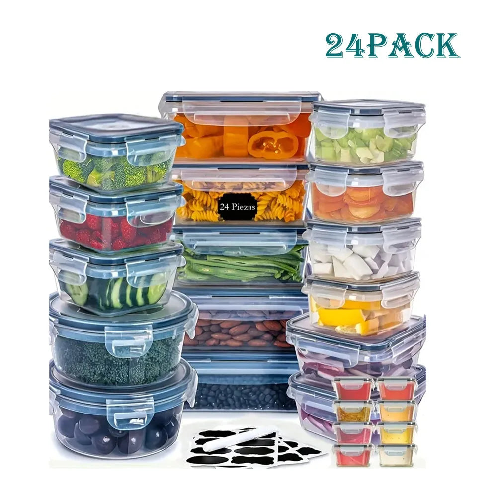 24pcs reusable plastic kitchen storage containers with flip lids, dishwasher safe, perfect for fruits, vegetables, and meat storage.