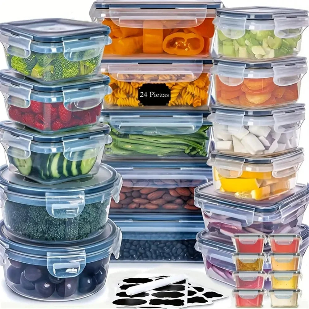 24pcs reusable plastic kitchen storage containers with flip lids, dishwasher safe, perfect for fruits, vegetables, and meat storage.