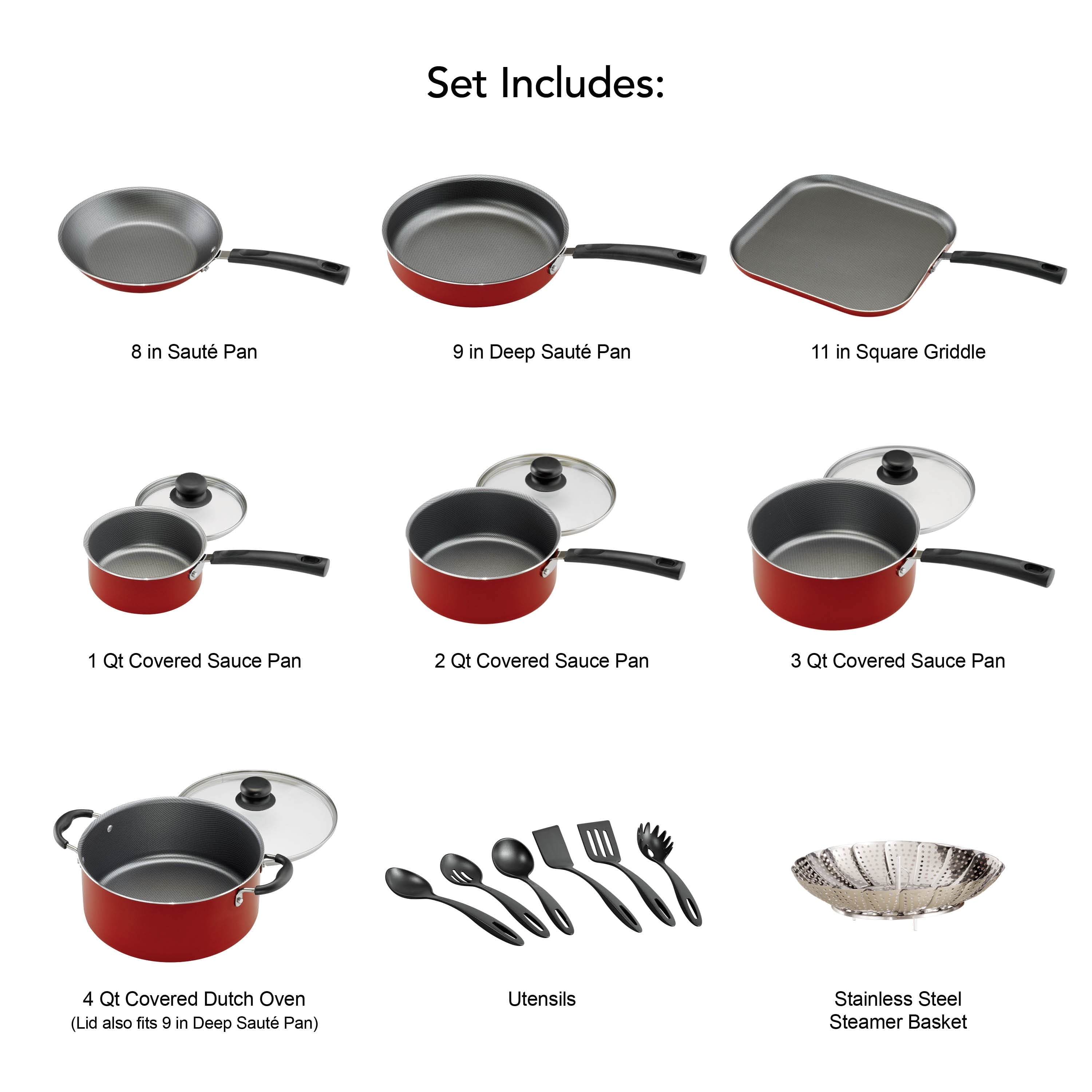 Primaware 18 Piece Non-Stick Cookware Set, Red - CommunityRateLLC