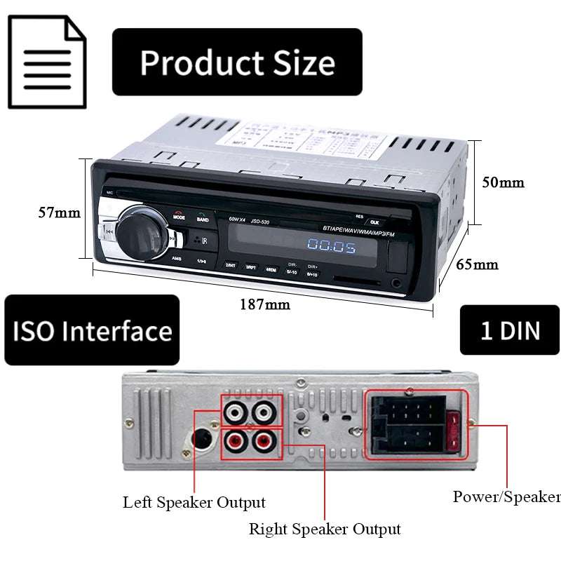 1 Din Digital Bluetooth Car Stereo MP3 Player with FM Radio, USB/SD, and AUX Input - 60W x 4 Audio Output
