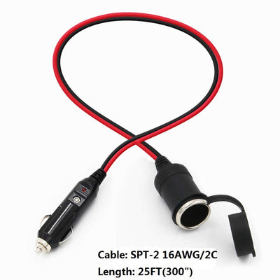 25FT Heavy-Duty Cigarette Lighter Extension Cord with LED Lights - Male Plug to Female Socket, 16AWG Cable for Tire Pump and Air Compressor.