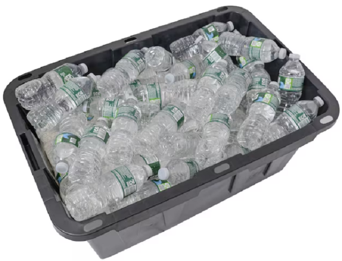 Heavy duty 27 gallon plastic storage bin with snap-on lid in black and yellow, stackable and durable for home and garage.