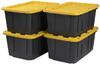 Heavy duty 27 gallon plastic storage bin with snap-on lid in black and yellow, stackable and durable for home and garage.