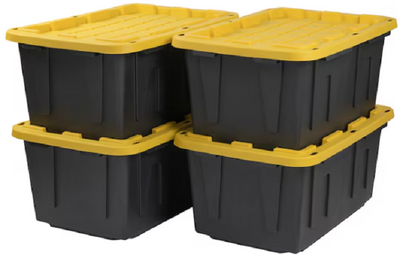 Heavy duty 27 gallon plastic storage bin with snap-on lid in black and yellow, stackable and durable for home and garage.