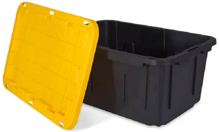 Heavy duty 27 gallon plastic storage bin with snap-on lid in black and yellow, stackable and durable for home and garage.