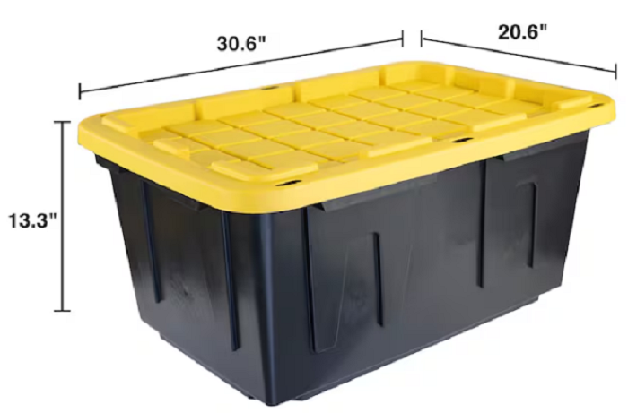 Heavy duty 27 gallon plastic storage bin with snap-on lid in black and yellow, stackable and durable for home and garage.