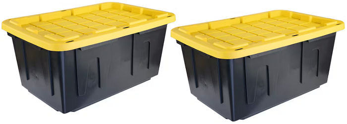Heavy duty 27 gallon plastic storage bin with snap-on lid in black and yellow, stackable and durable for home and garage.