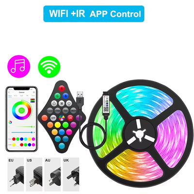 Bluetooth WiFi App-Controlled RGB 5050 SMD Flexible LED Strip Lights with USB Power Adapter and Adhesive Tape