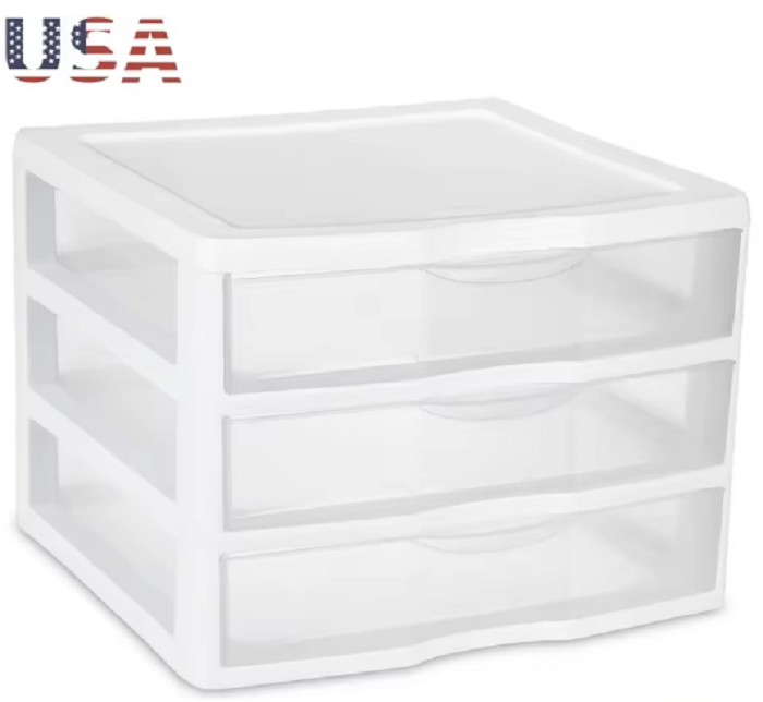 Stackable 3 drawer clear storage unit with multi-purpose desktop organizers for home and office use