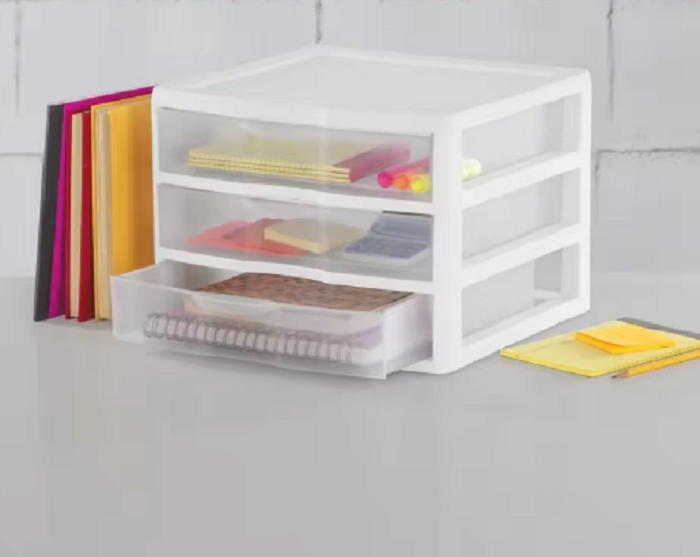 Stackable 3 drawer clear storage unit with multi-purpose desktop organizers for home and office use