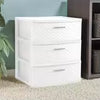 3 drawer wide weave tower in white plastic with opaque drawers and stylish woven pattern for concealed storage