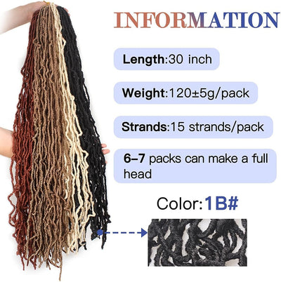 30 Inch New Faux Locs Crochet Hair,6 Packs Pre-Looped Extended Distressed Soft Locs for Black Women, Synthetic Goddess Locs Hair Afro Roots Crochet Locs 1B#.