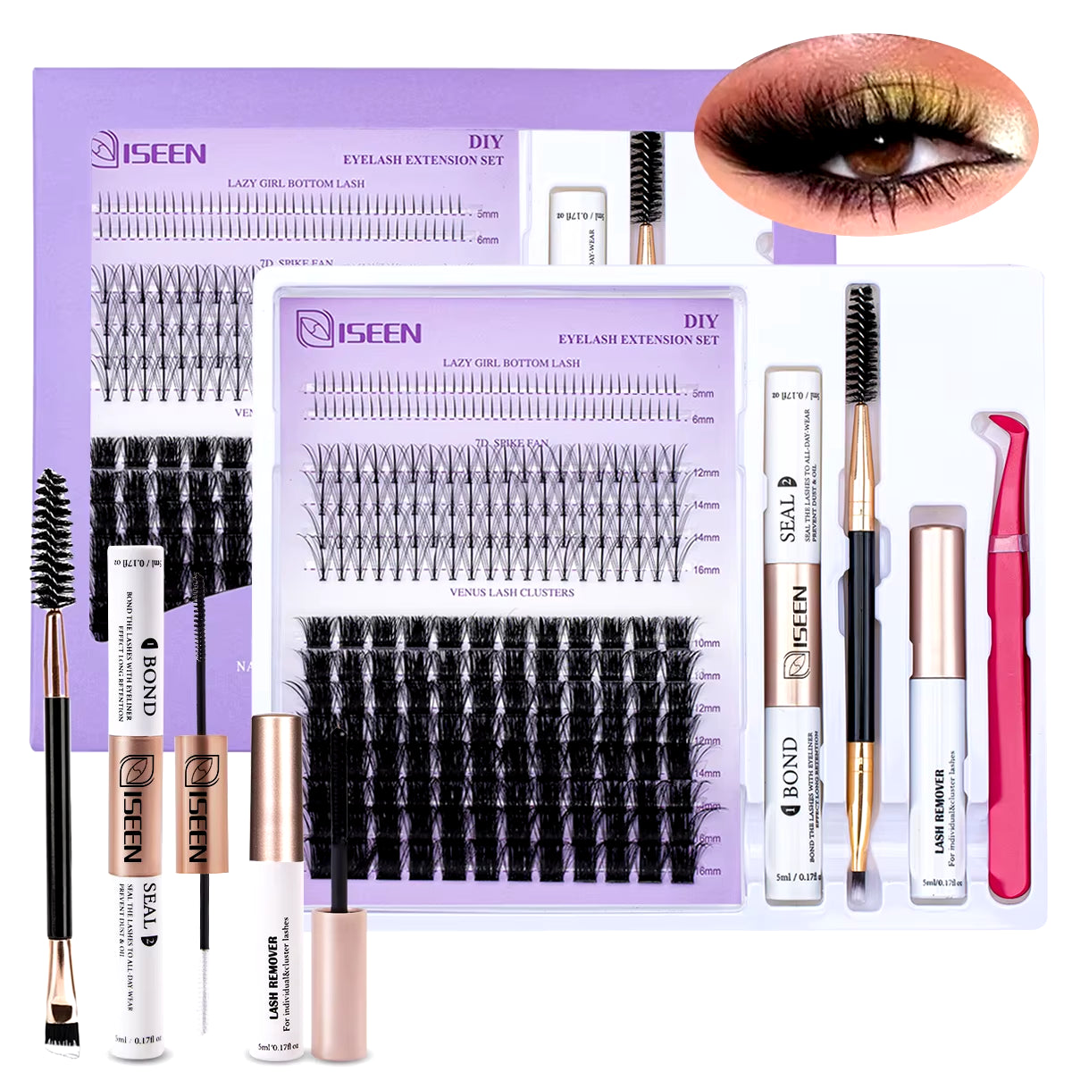 DIY Lash Extension Kit: Mixed Style Lash Clusters with Bond & Seal, Remover, Tweezers, and Lash Brush for Self-Application Makeup