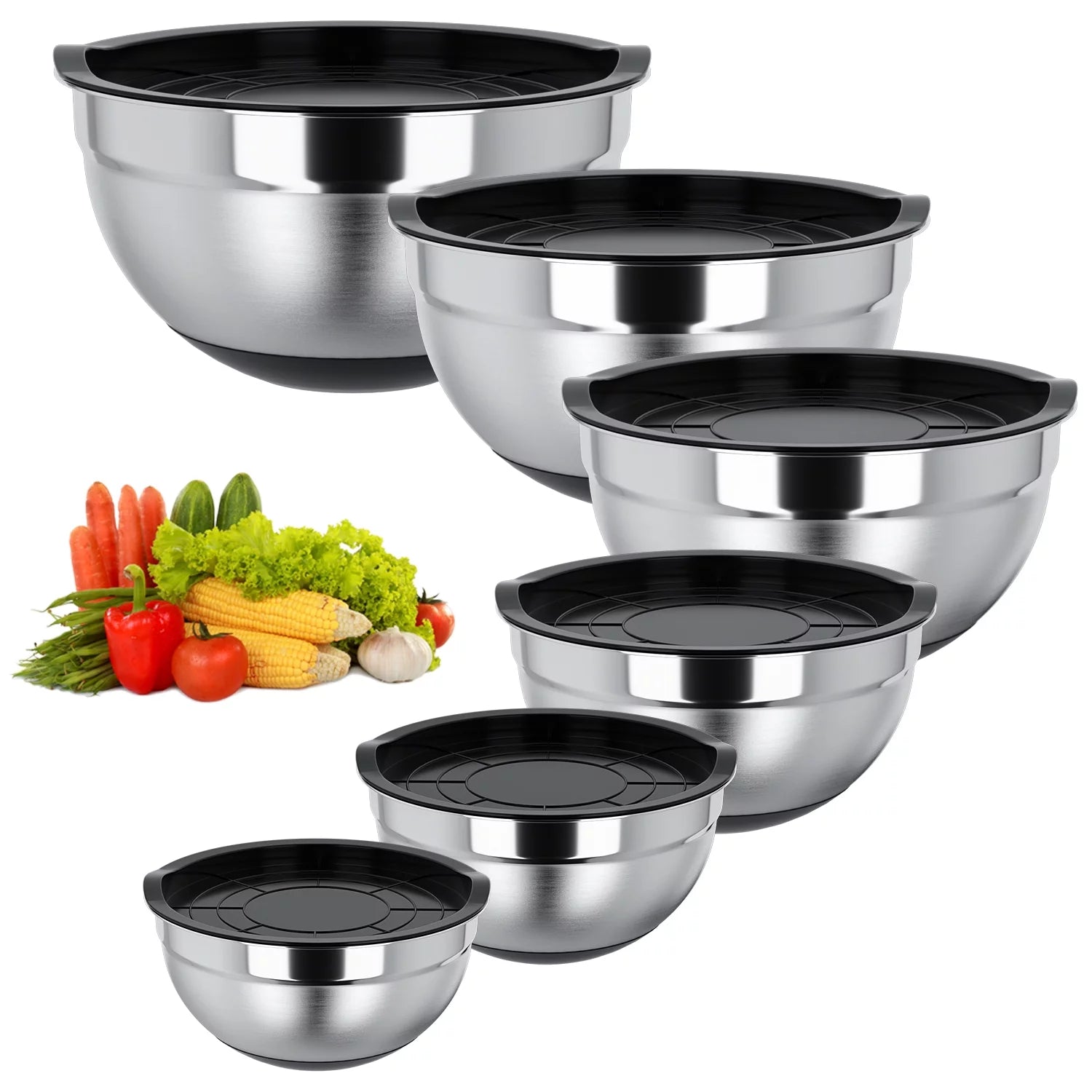 Mixing Bowls with Lids: Stainless Steel Mixing Bowls Set - 6 Piece Metal Nesting Mixing Bowls with Rubber Bottom-Black - CommunityRateLLC