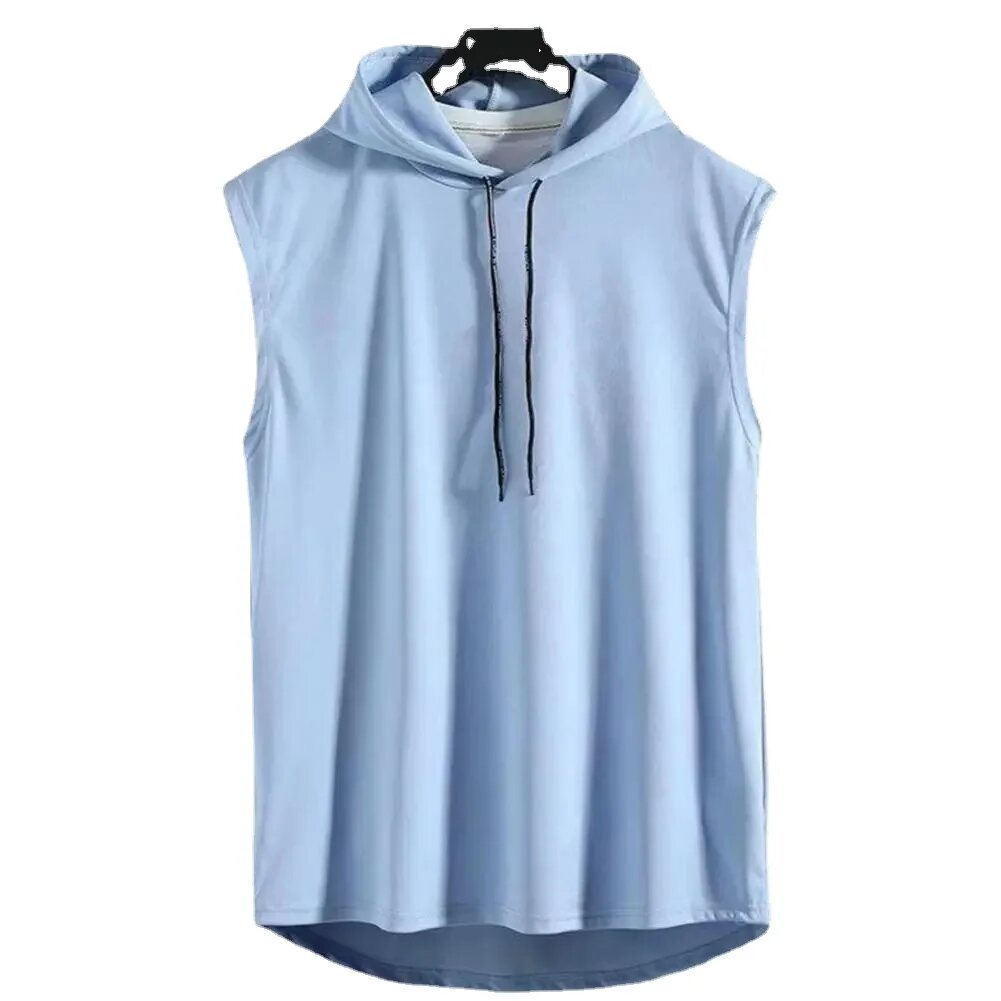High-Quality Ice Silk Sleeveless Muscle Hoodie Vest for Summer Gym Workouts and Bodybuilding