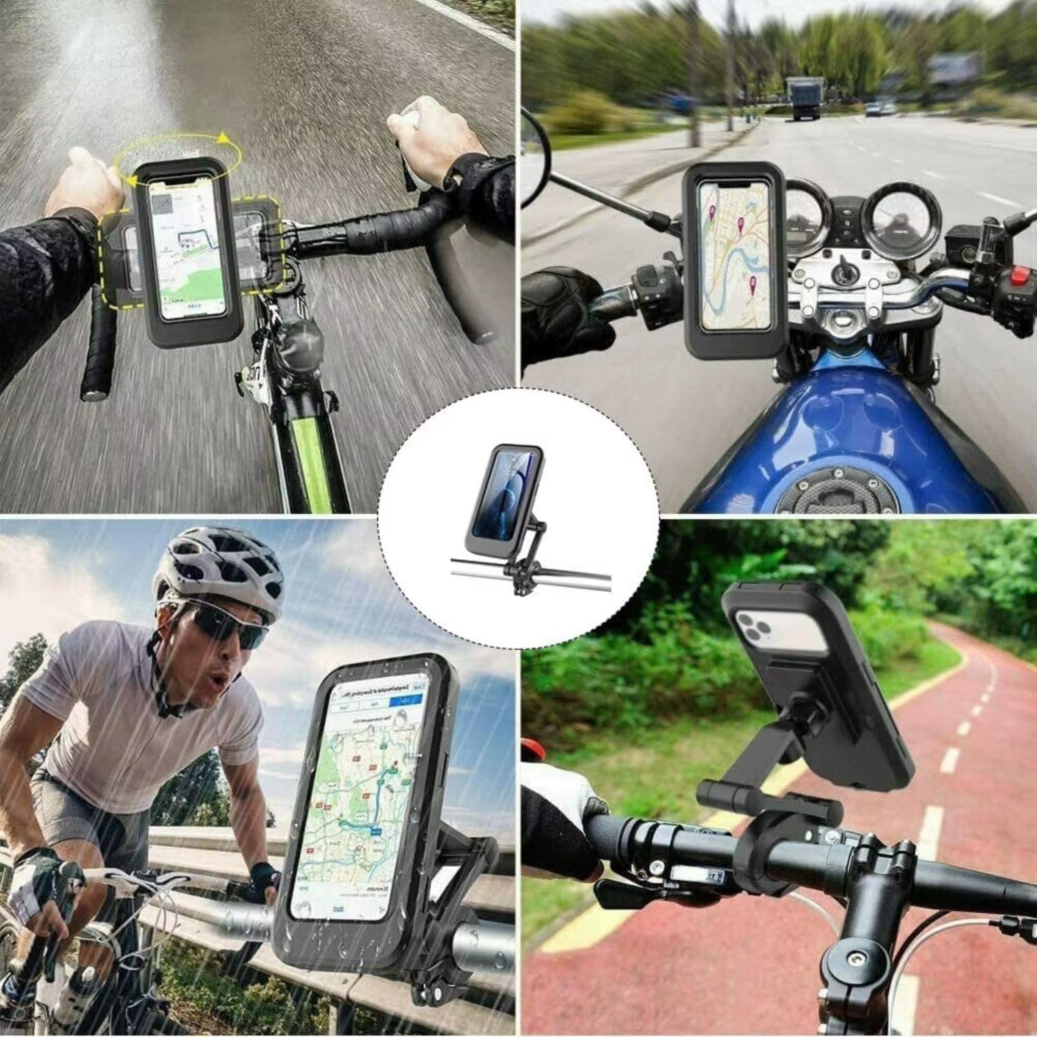 Adjustable 360° Rotating Waterproof Bike and Motorcycle Phone Mount with Anti-Shock Design and Touchscreen Compatibility