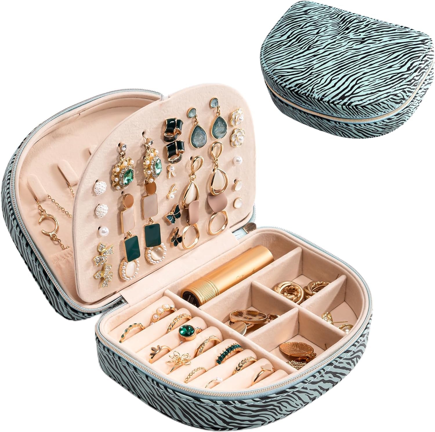 Medium Portable Seashell-Shaped Jewelry Organizer, 2-Layer Travel Jewelry Box in PU Leather for Women - Black