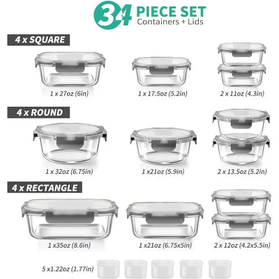 34 piece airtight glass food storage containers set with leak proof lids, ideal for meal prep and kitchen organization