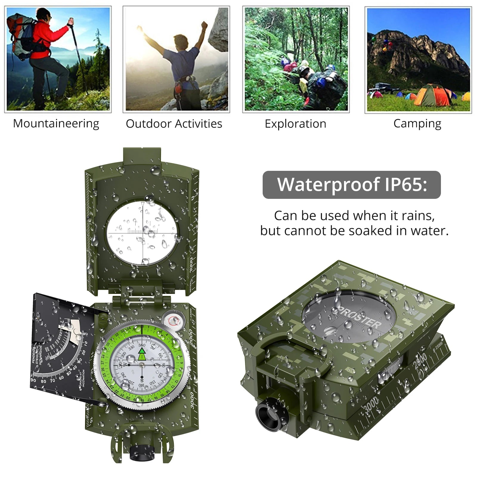 Proster Professional Waterproof Outdoor Camping Compass with Camouflage Design and Sighting Clinometer for Hunting and Hiking Activities