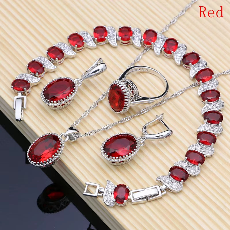 Natural 925 Silver Jewelry Set with Red Birthstone for Women - Earrings, Pendant, Necklace, Ring, and Bracelets T055