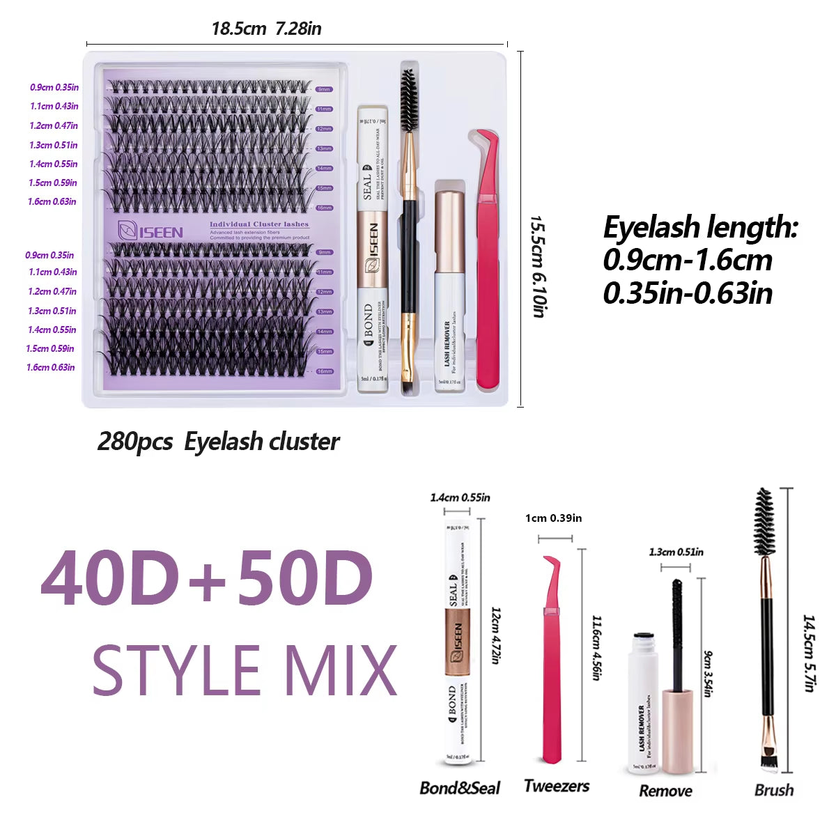 DIY Lash Extension Kit: Mixed Style Lash Clusters with Bond & Seal, Remover, Tweezers, and Lash Brush for Self-Application Makeup
