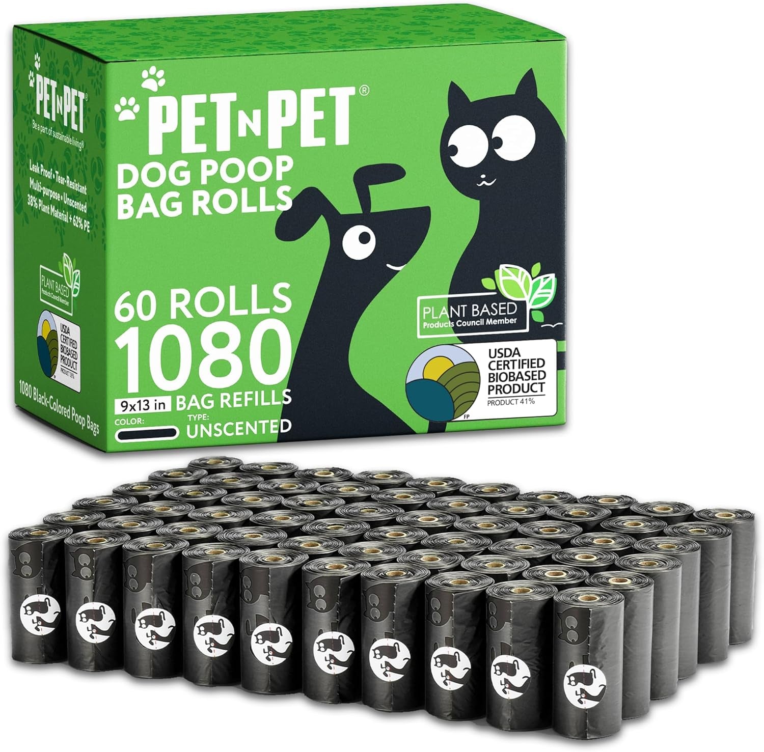 USDA Certified 41% Plant-Based Dog Waste Bags - Leak-Proof Refill Rolls (1080 Count, Unscented, Green)