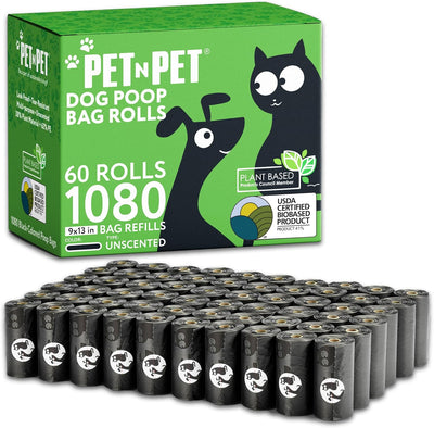 USDA Certified 41% Plant-Based Dog Waste Bags - Leak-Proof Refill Rolls (1080 Count, Unscented, Green)