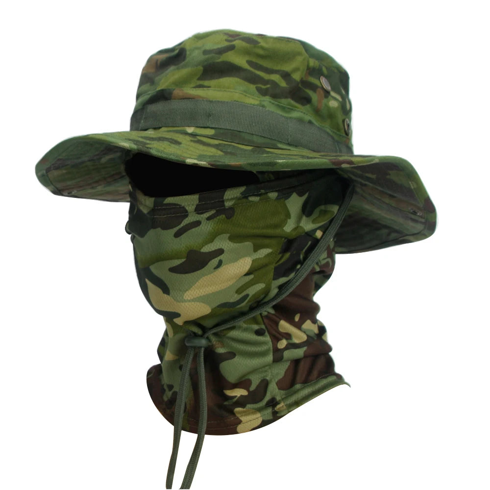 Camouflage Boonie Cap and Balaclava Set - Foldable Soft Outdoor Hat for Hunting and Fishing with Wide Brim for Sun Protection