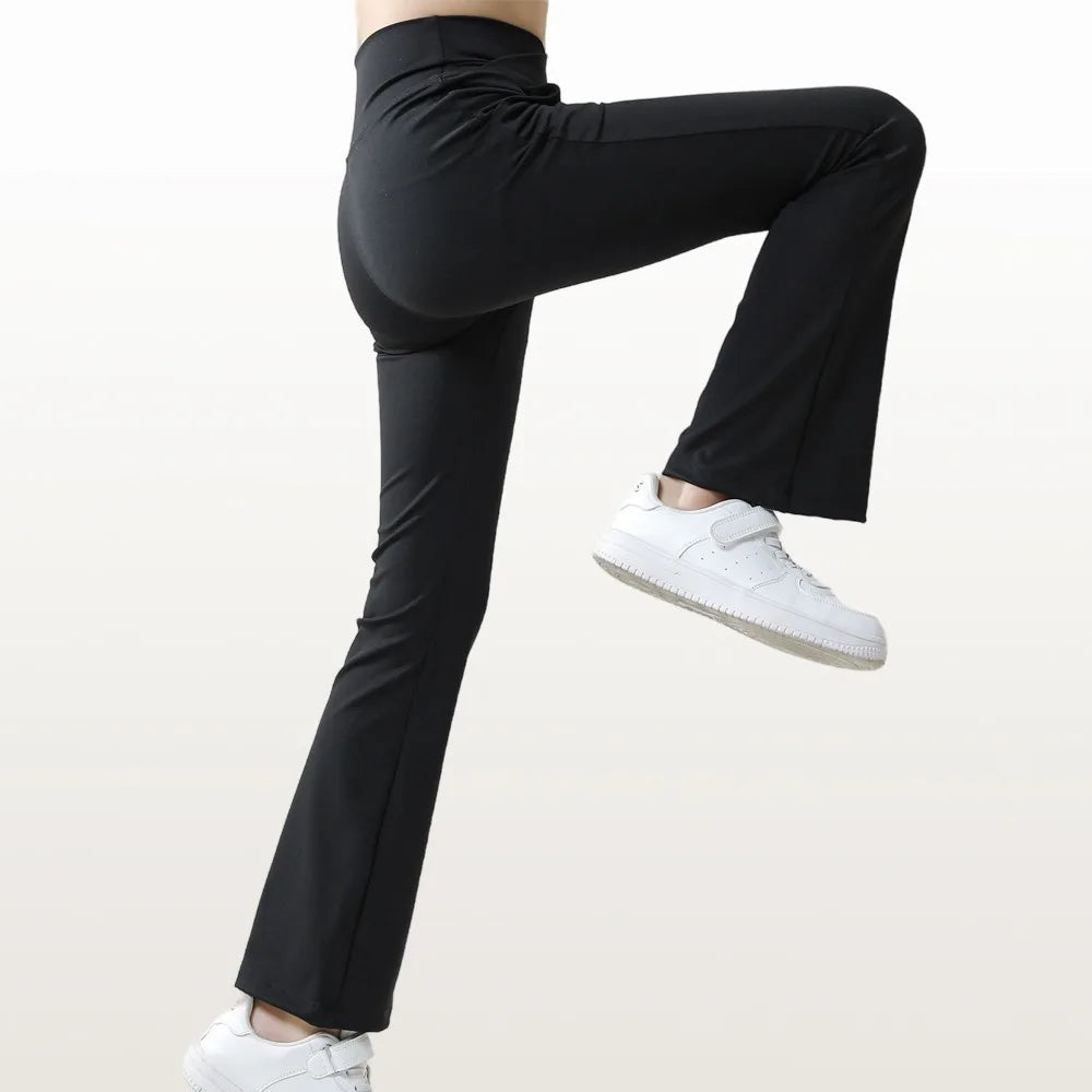 Girls' Cross Waist Flare Leggings - Black Bell Bottoms with Pockets for Dance, Yoga, and Running (Ages 10-12)