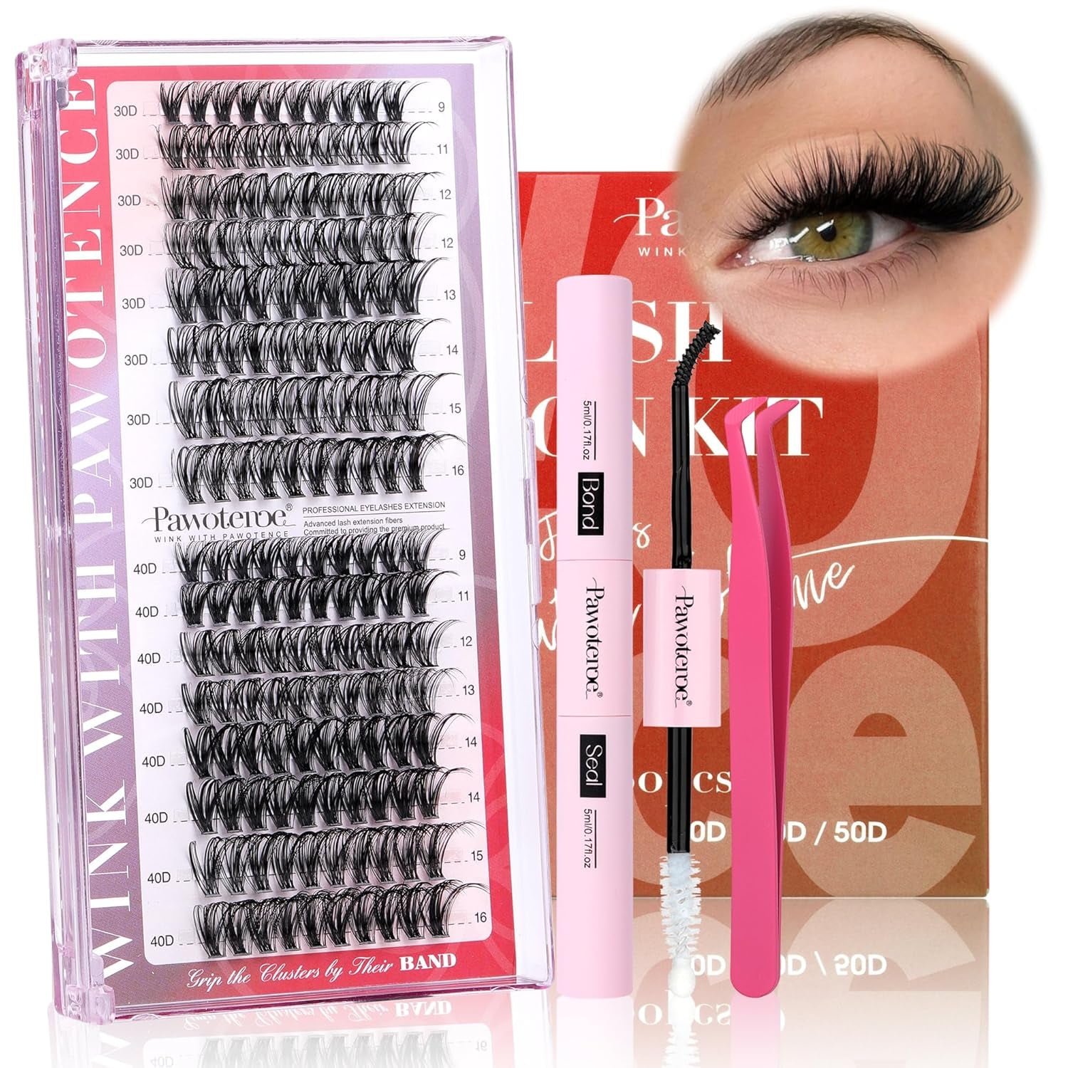 Professional Lash Extension Kit: Individual Lash Clusters (9-16mm, 30D & 40D) with Adhesive, Sealant, and Tweezers for At-Home Application