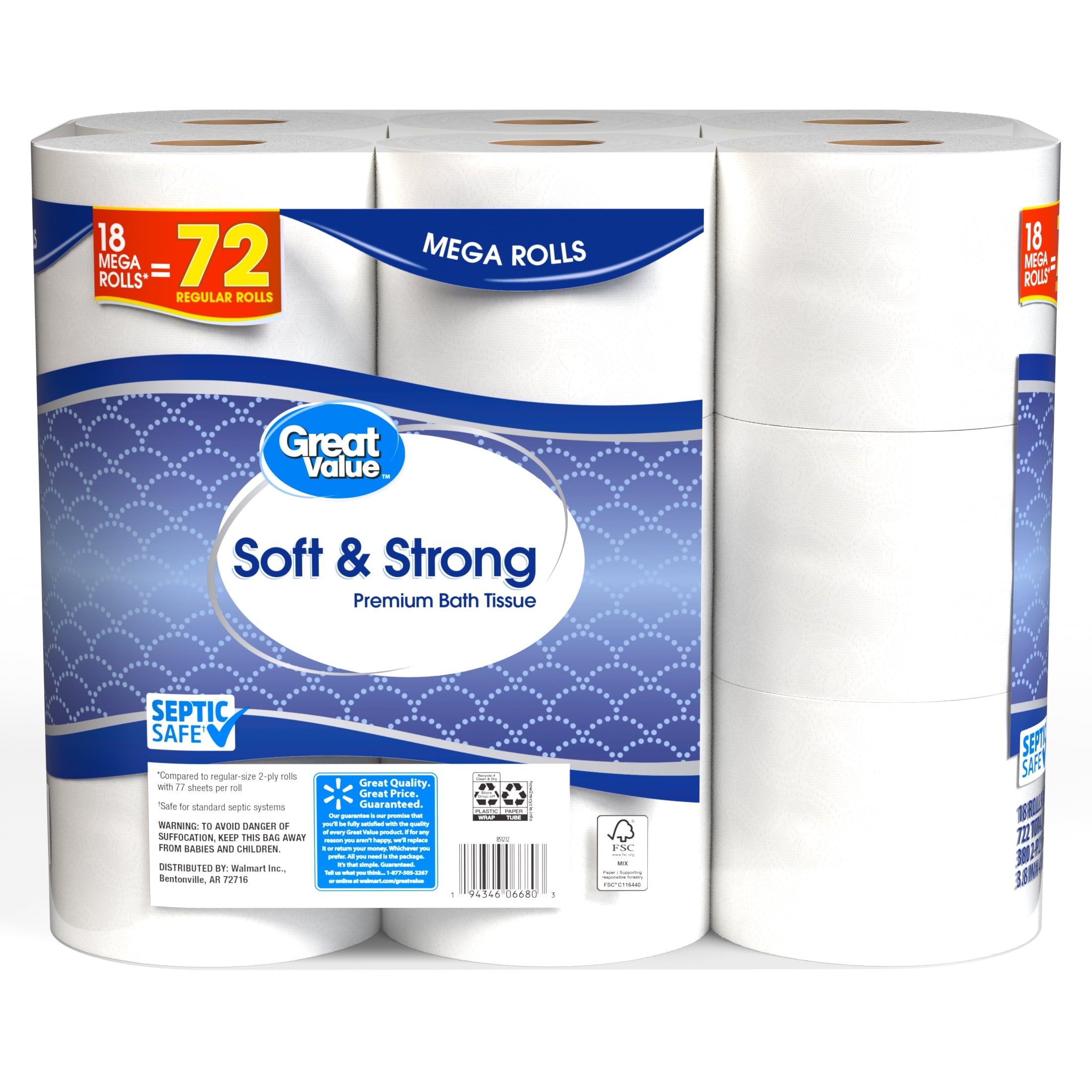 Soft & Strong Premium Toilet Paper, 18 Mega Rolls - CommunityRateLLC