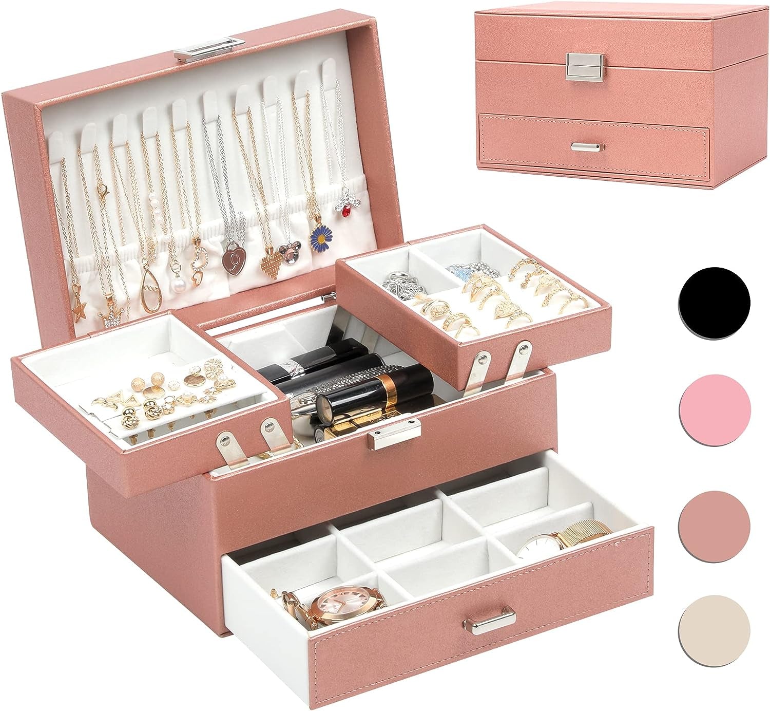 Women's Jewelry Organizer Box - 3-Layer Storage Solution for Earrings, Rings, Necklaces, and Bracelets (Black)