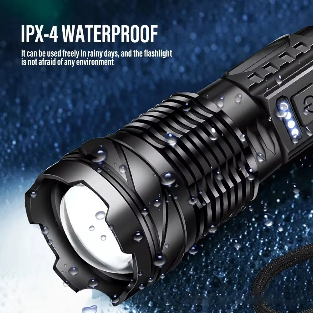 XHP50 Waterproof LED Flashlight with Side Light, 7 Modes, USB Rechargeable, Zoom Function - Ideal for Camping and Fishing