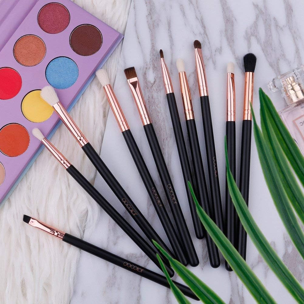 Professional 10-Piece Eyeshadow Brush Set with Eyebrow, Eyeliner, and Concealer Brushes in Gift Box (Black with Rose Gold, Wooden Handles)