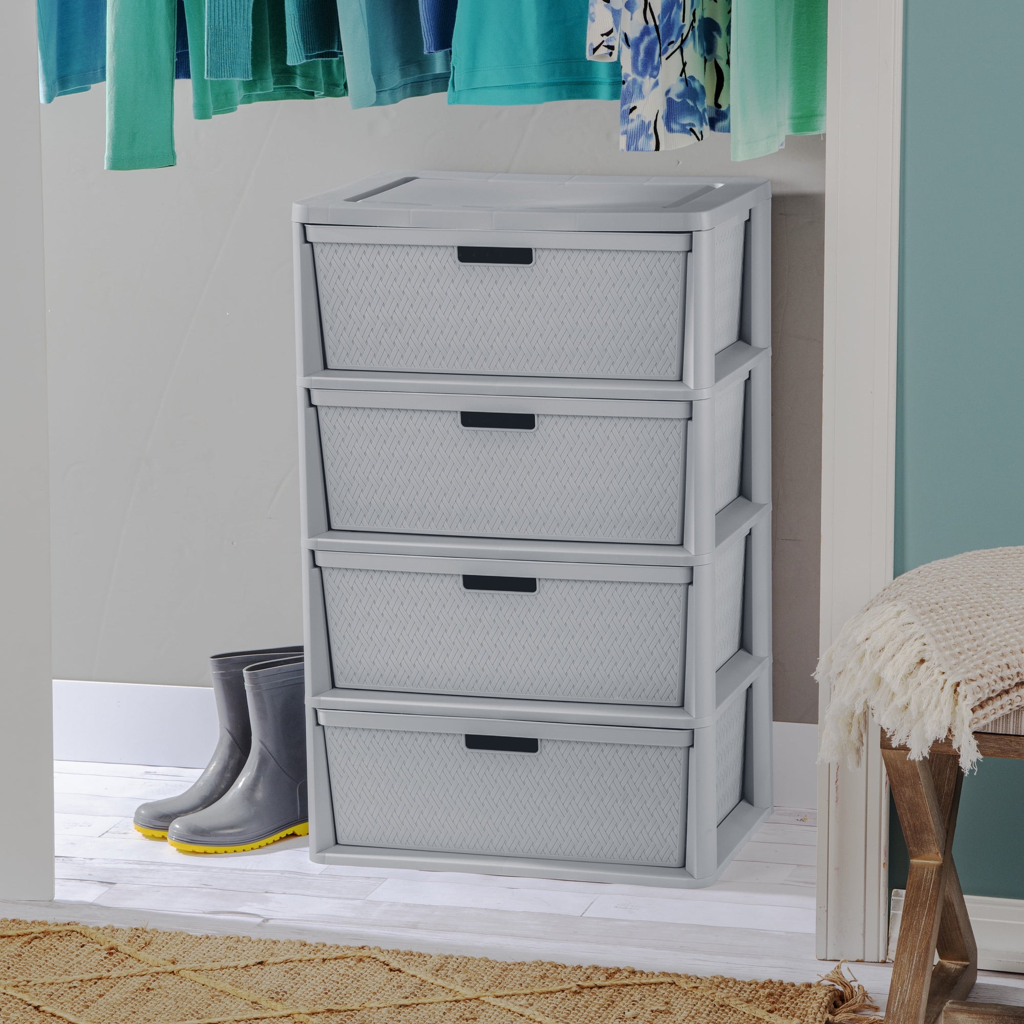 Wide 4 Drawer Cross-Weave Tower Cement