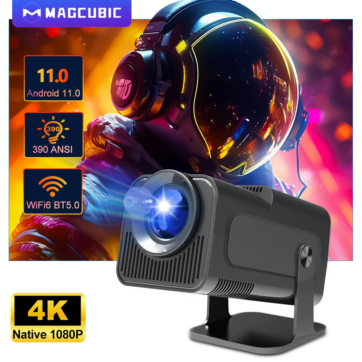 4K Android 11 Projector - Native 1080P, 390 ANSI Lumens, Dual WiFi 6, Bluetooth 5.0, Portable Cinema Projector, Upgraded HY300 Model