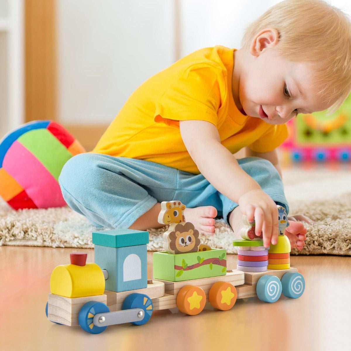 Ensemble de Train Poussé en Bois 11 Pièces avec 3 Wagons - Locomotive Rétractable en Bois Massif Sûr pour l'Éveil des Enfants