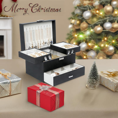 Women's Jewelry Organizer Box - 3-Layer Storage Solution for Earrings, Rings, Necklaces, and Bracelets (Black)