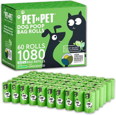 USDA Certified 41% Plant-Based Dog Waste Bags - Leak-Proof Refill Rolls (1080 Count, Unscented, Green)