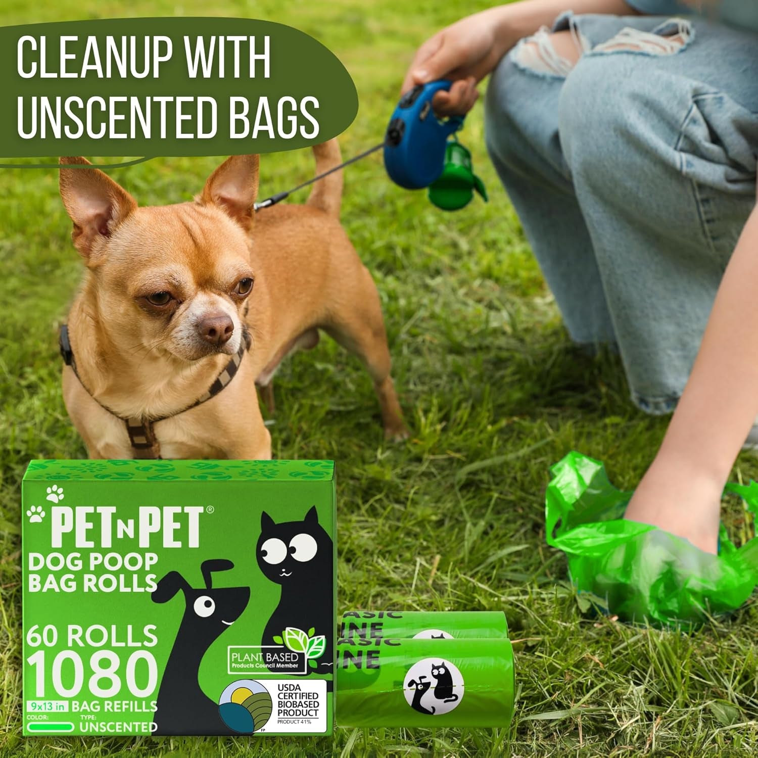 USDA Certified 41% Plant-Based Dog Waste Bags - Leak-Proof Refill Rolls (1080 Count, Unscented, Green)