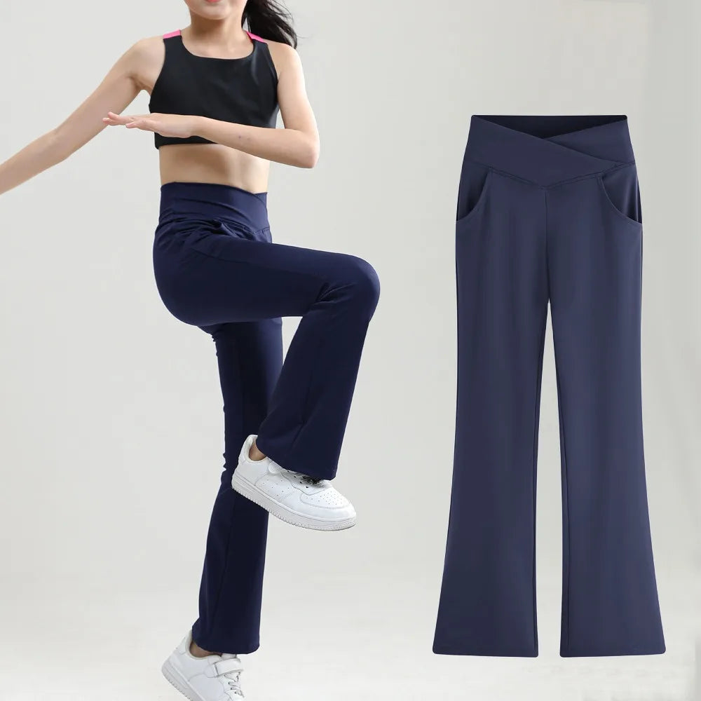 Girls' Cross Waist Flare Leggings - Black Bell Bottoms with Pockets for Dance, Yoga, and Running (Ages 10-12)